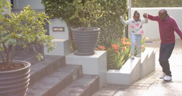 アフリカ系アメリカ人の祖父と孫娘が日当たりの良い庭でジャンプし スペースをコピーし ゆっくりと動く 子供時代 トータルネスティとライフスタイル 変わらない — ストック動画