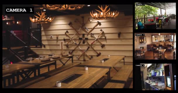 Quatro Câmeras Segurança Com Vista Para Bar Interiores Restaurante Com — Vídeo de Stock