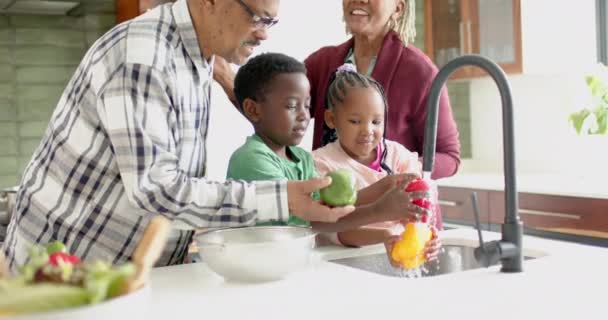 Šťastní Afroameričtí Prarodiče Vnoučata Mající Zeleninu Kuchyni Zpomalený Film Jídlo — Stock video