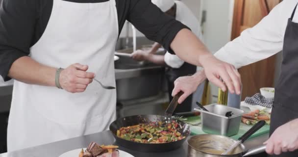 一组多样化的男厨师在厨房做饭 动作缓慢 餐馆和饮食业 未经改动 — 图库视频影像