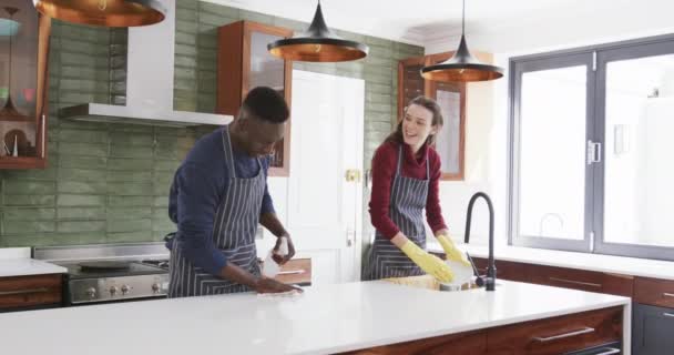 Glückliches Paar Beim Geschirrspülen Und Putzen Der Küche Zeitlupe Essen — Stockvideo