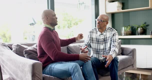 Šťastný Afroameričan Starší Otec Syn Sedí Gauči Objímají Smějí Zpomalují — Stock video