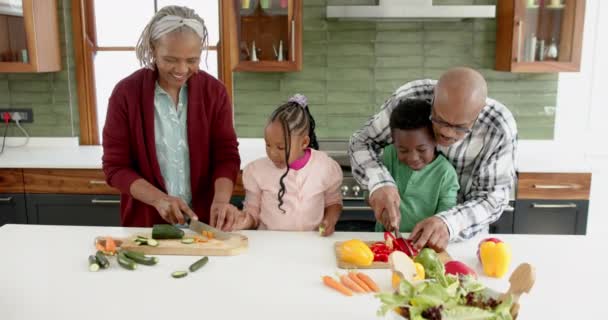 Šťastní Afroameričtí Prarodiče Vnoučata Krájejí Zeleninu Kuchyni Zpomaleně Jídlo Vaření — Stock video