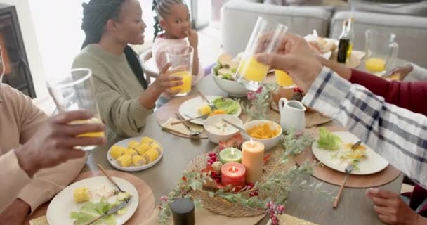 感謝祭のディナーで乾杯するハッピーアフリカ系アメリカ人の多世代家族 ゆっくりとした動き 感謝祭 お祝い トータルネス — ストック動画