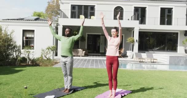 Pasangan Bahagia Yang Beragam Berlatih Yoga Taman Yang Cerah Gerakan — Stok Video