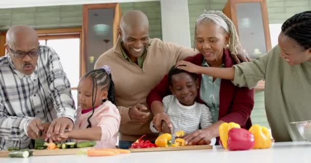 Veselá Africká Americká Multigenerační Rodina Krájí Zeleninu Kuchyni Zpomaluje Jídlo — Stock video