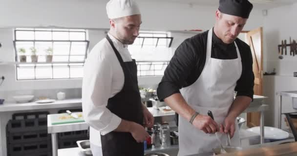 Enfocado Chef Masculino Caucásico Instruyendo Aprendiz Chef Masculino Cocina Cámara — Vídeo de stock