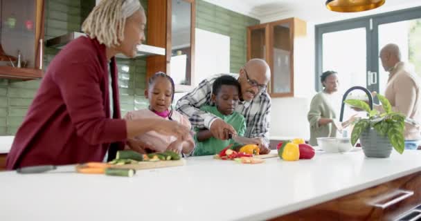 Avós Netos Afro Americanos Felizes Cortar Vegetais Cozinha Câmara Lenta — Vídeo de Stock