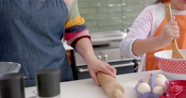 Melez anne ve kızının güneşli mutfakta pişirmesi kutlu olsun. Yemek, pişirme, aile, annelik, çocukluk, aşk, birliktelik ve aile hayatı..