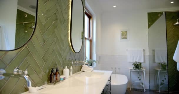 Όμορφοι Καθρέφτες Βρύσες Νεροχύτες Και Πράσινοι Τοίχοι Στο Ηλιόλουστο Μπάνιο — Αρχείο Βίντεο