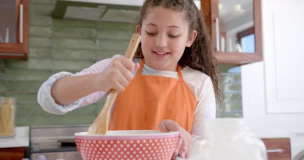 Happy Biracial Girl Long Curly Hair Mixing Dough Bowl Smiling — Stock Video