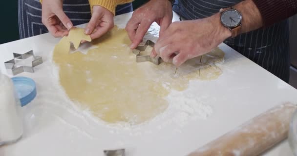 Środkowa Część Różnorodnej Pary Piecze Ciasteczka Świąteczne Kuchni Domu Zwolnionym — Wideo stockowe