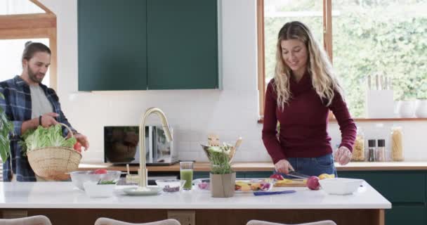 Mutfaktaki Alışveriş Paketlerini Yavaş Çekimde Açan Mutlu Çift Lişki Birliktelik — Stok video