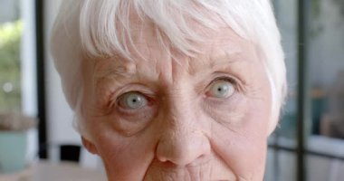 Evde gülümseyen son sınıf beyaz kadın portresi, ağır çekimde. Yaşlılar ve aile hayatı, değişmez..