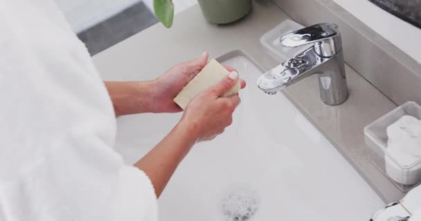 Midsection Biracial Woman Washing Hands Bathroom Slow Motion Self Care — Stock Video