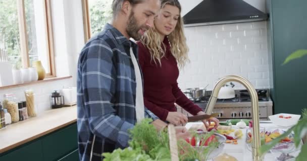 Boldog Változatos Pár Vacsorát Készít Otthon Konyhában Lassított Felvételen Kapcsolat — Stock videók