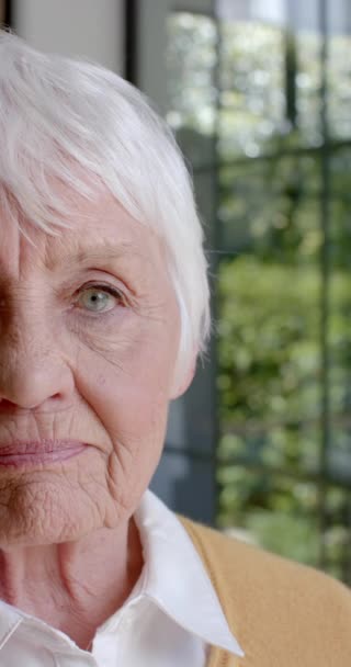 Vertikální Video Portrétem Šťastné Starší Bělošky Která Doma Usmívá Zpomaleným — Stock video