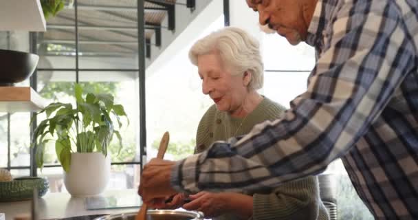 Ευτυχισμένο Ζευγάρι Ηλικιωμένων Στην Κουζίνα Που Ετοιμάζουν Χριστουγεννιάτικο Γεύμα Αργή — Αρχείο Βίντεο