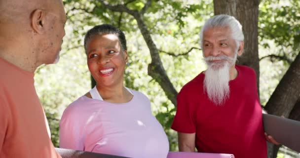 Щасливі Різноманітні Старші Друзі Чоловічої Жіночої Статі Тримають Килимки Йоги — стокове відео