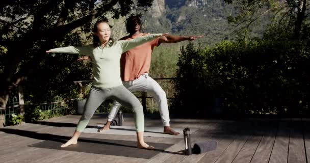 Happy Diverse Couple Practicing Yoga Standing Sunny Garden Copy Space — Stock Video