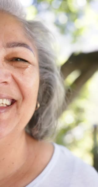 Vídeo Vertical Medio Retrato Feliz Mujer Mayor Birracial Sonriendo Naturaleza — Vídeo de stock