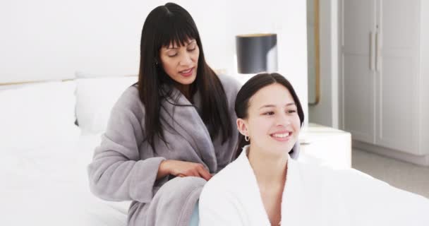 Happy Biracial Mother Bathrobe Brushing Hair Smiling Adult Daughter Sunny — Stock Video