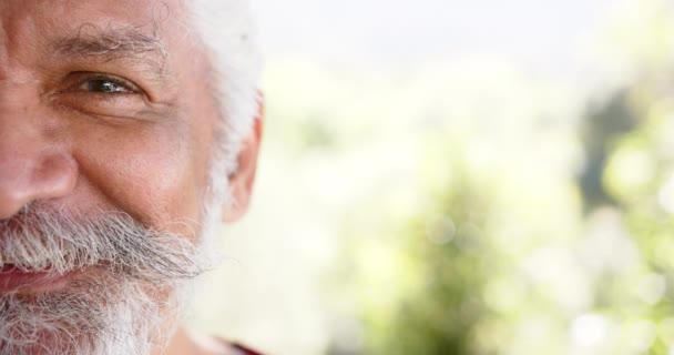 Meio Retrato Homem Biracial Com Barba Branca Sorrindo Natureza Ensolarada — Vídeo de Stock