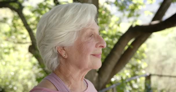 Retrato Mulher Caucasiana Sênior Feliz Com Cabelos Brancos Natureza Ensolarada — Vídeo de Stock