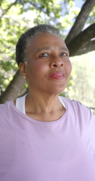 Retrato Vídeo Vertical Mujer Afroamericana Mayor Feliz Naturaleza Soleada Cámara — Vídeo de stock