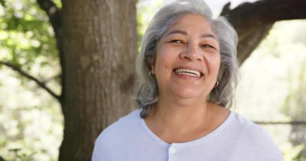 Retrato Mujer Birracial Mayor Feliz Con Pelo Gris Naturaleza Soleada — Vídeos de Stock