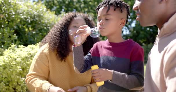 Mãe Pai Afro Americanos Felizes Com Filho Soprar Bolhas Jardim — Vídeo de Stock