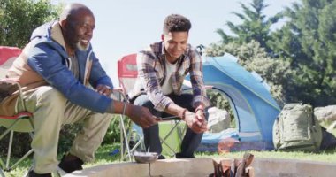 Mutlu Afro-Amerikan baba ve oğlu kamp ateşinde marşmelov kızartıyorlar. Kopya alanı, ağır çekim. Kamp, boş zaman, babalık, birliktelik, aile ve açık hava yaşam tarzı, değişmemiş..