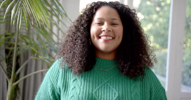 Mutlu Afro Amerikan Kadın Portresi Uzun Kıvırcık Saçlı Güneşli Pencereden — Stok video