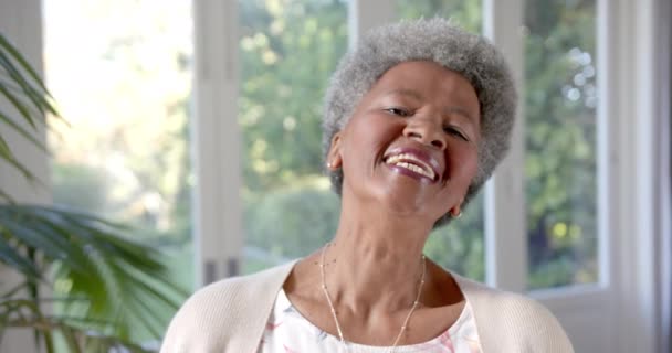 Retrato Mujer Afroamericana Mayor Feliz Riendo Sala Estar Soleada Cámara — Vídeo de stock