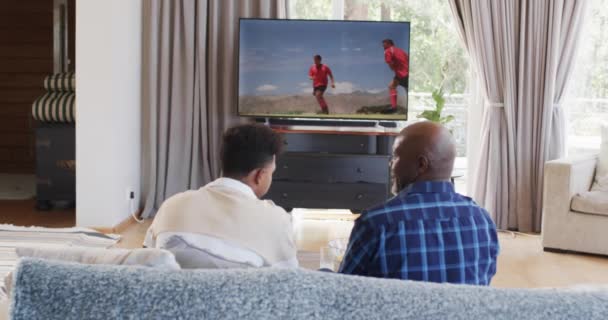 Visão Traseira Pai Afro Americano Filho Adulto Conversando Assistindo Rugby — Vídeo de Stock
