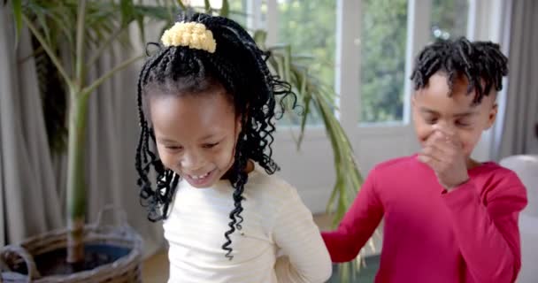 Fröhliche Afrikanisch Amerikanische Geschwister Lachen Und Umarmen Sich Sonnigen Wohnzimmer — Stockvideo