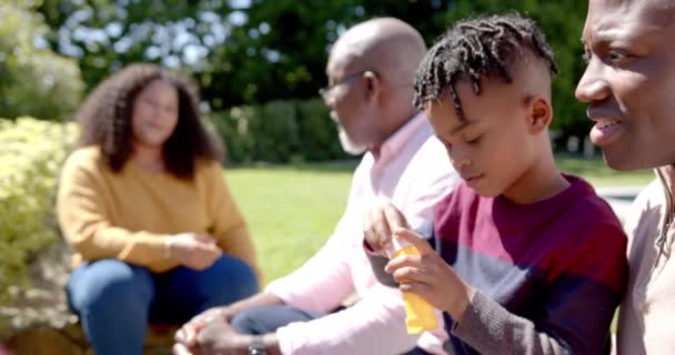 Šťastní Afroameričtí Rodiče Dědečkem Synem Foukající Bubliny Slunné Zahradě Léto — Stock video