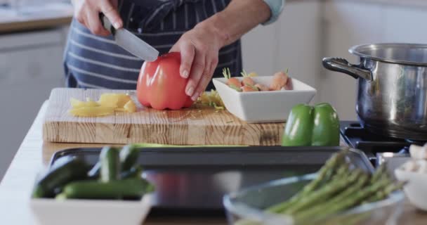 Mujer Caucásica Mediana Edad Preparando Comida Cocinando Cocina Casa Cámara — Vídeos de Stock