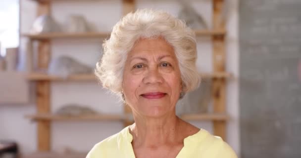 Šťastná Biracial Žena Copánky Stojící Usmívající Keramickém Studiu Zpomalený Film — Stock video