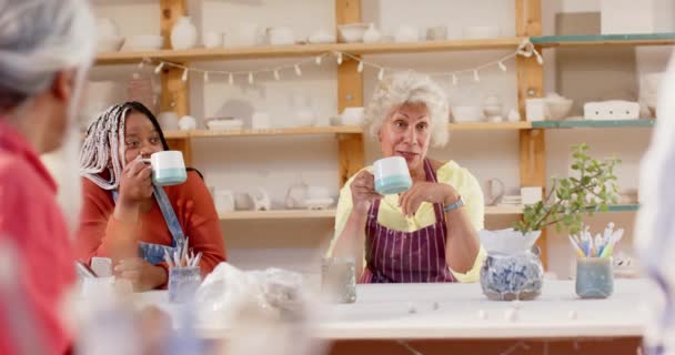 Happy Diverse Group Potters Having Break Discussing Pottery Studio Slow — Stock Video