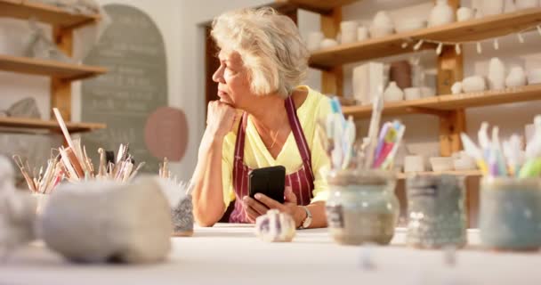 陶器のスタジオで先に見ている灰色の髪の純粋な女性の陶器 ゆっくり動き 陶磁器 手作り 地元のビジネス 趣味および技術 変わらない — ストック動画