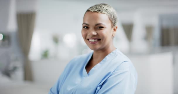Portrait Happy Biracial Female Doctor Wearing Scrubs Hospital Slow Motion — Stock Video
