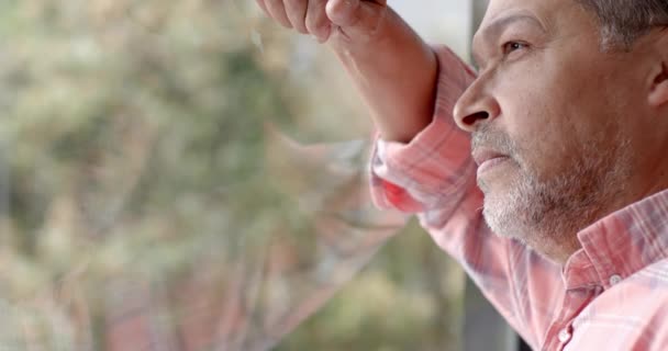 Tankeväckande Senior Biracial Man Tittar Genom Fönstret Landsbygden Kopiera Utrymme — Stockvideo