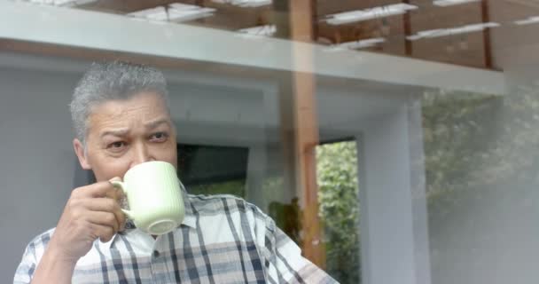 Homem Biracial Sênior Feliz Acenando Pela Janela Bebendo Café Casa — Vídeo de Stock