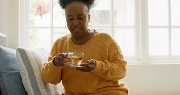 ハッピーアフリカ系アメリカ人のシニア女性は お茶と一緒に座って 晴れた部屋で微笑んで ゆっくりと動いています ホーム 退職とシニアライフスタイル フリータイムと国内生活 リラクゼーション 変更されていない — ストック動画