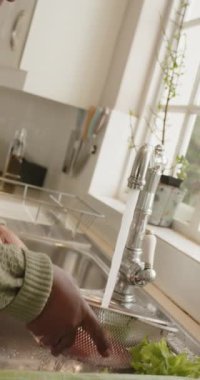 Mutlu Afro-Amerikan son sınıf öğrencisi kadın güneşli mutfakta sebze yıkıyor, ağır çekimde. Ev, emeklilik ve yaşlılar yaşam tarzı, ev hayatı, yemek, sağlık, sebze, değişmemiş.