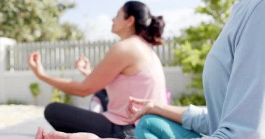 Güneşli bahçede yoga yapan iki mutlu son sınıf öğrencisi kadın, yavaş çekim. Arkadaşlar, emeklilik, fitness, refah, ev hayatı ve yaşlılar yaşam tarzı, arkadaşlık, değişmemiş.