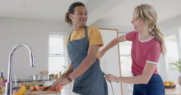 Heureux Couple Diversifié Préparant Des Légumes Frais Portant Des Tabliers — Video