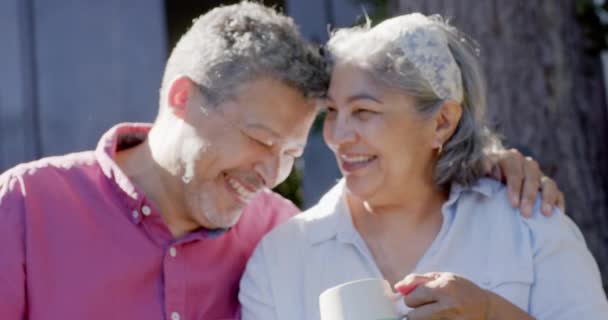 Happy Biracial Senior Couple Sitting Embracing Drinking Tea Sunny Garden — Stock Video