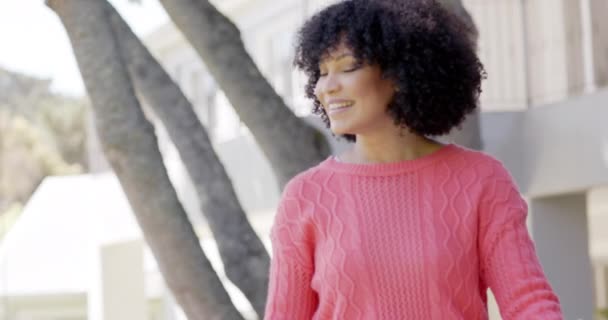Bahçesinde Kıvırcık Saçlı Mutlu Afro Amerikan Kadın Portresi Ağır Çekimde — Stok video